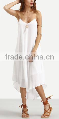 2016 Beach Wear White Spaghetti Strap Tassel Backless Sleeveless V Neck Asymmetrical High Low Midi Dress
