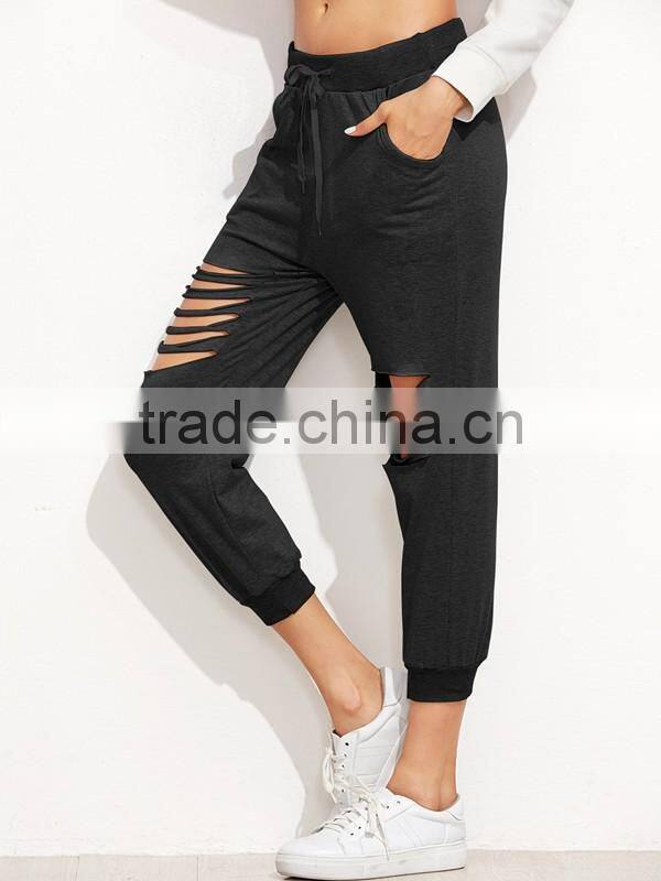 Woman's/Ladies' Black Cotton Cut Out Drawstring Pants