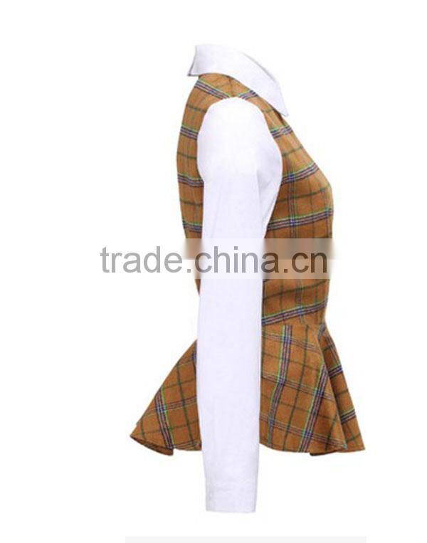 2015 Fashion cotton check chiffon ruffle bottom long sleeves direct manufacturer high quality big sleeve blouse