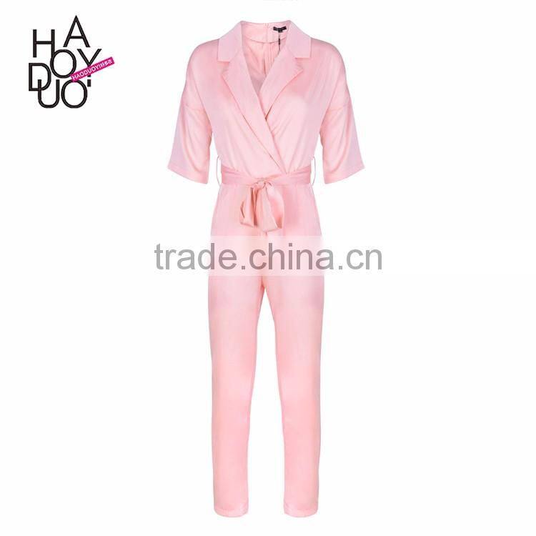 HAODUOYI Women Sexy Plunge Neck Three Quarter Sleeves Tailored Belted Casual High Waist Romper