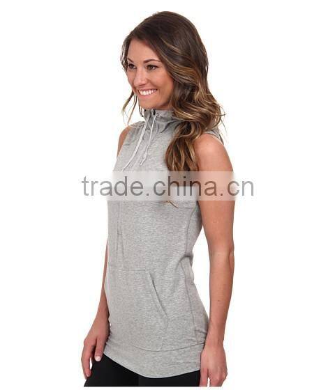 women vest waistcoats with hooded sleeveless half-zip hoodie white and gray color