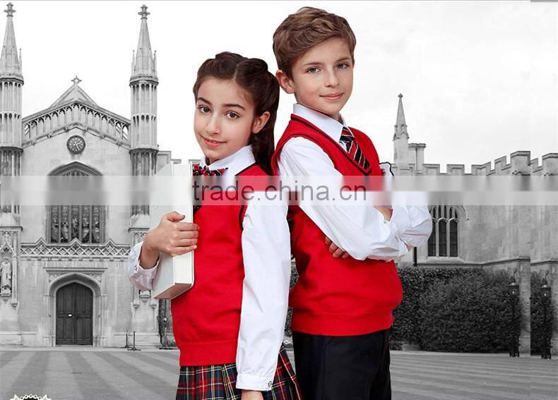 Red sleeveless unisex sweater vest school uniforms design with picture primary