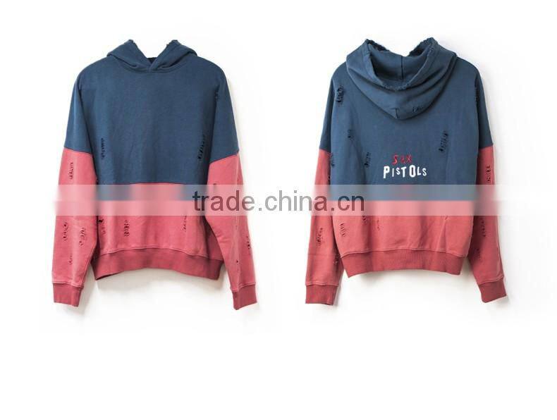 China Suppliers New Custom Fashion Men Contrast Two Color Pullover Oversized Distressed Hoodie with embroidered logo