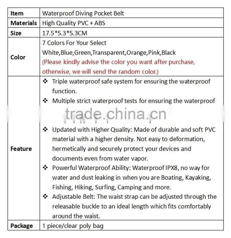 Underwater Waterproof Dry Pouch Waist Belt Bag Swimming Diving Clear Bags PVC~7 colors~Accept Custom