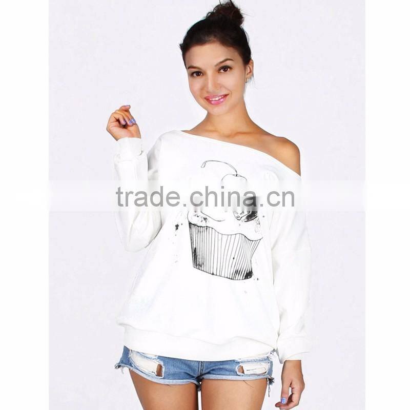 Latest White Off Shoulder Cake Print Sweatshirt for Women
