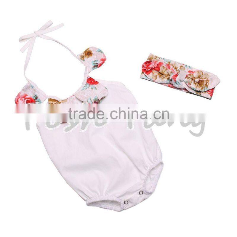 Wholesale Floral print romper hot selling costumes baby romper 100% cotton summer jumpsuit with headband