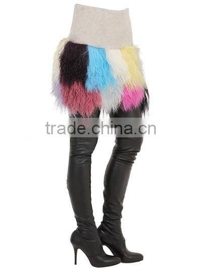 YR947 Fringed Patchwork Mongolia Wool Skirt Real Timbet Lamb Fur Skirt