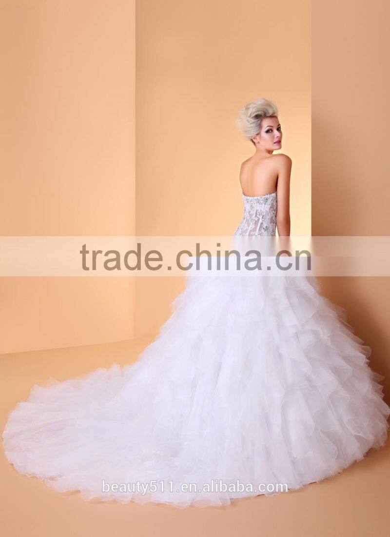 A-line Wedding Dress Open Back Floor-length Strapless Lace Tulle with Lace bridal gown P001