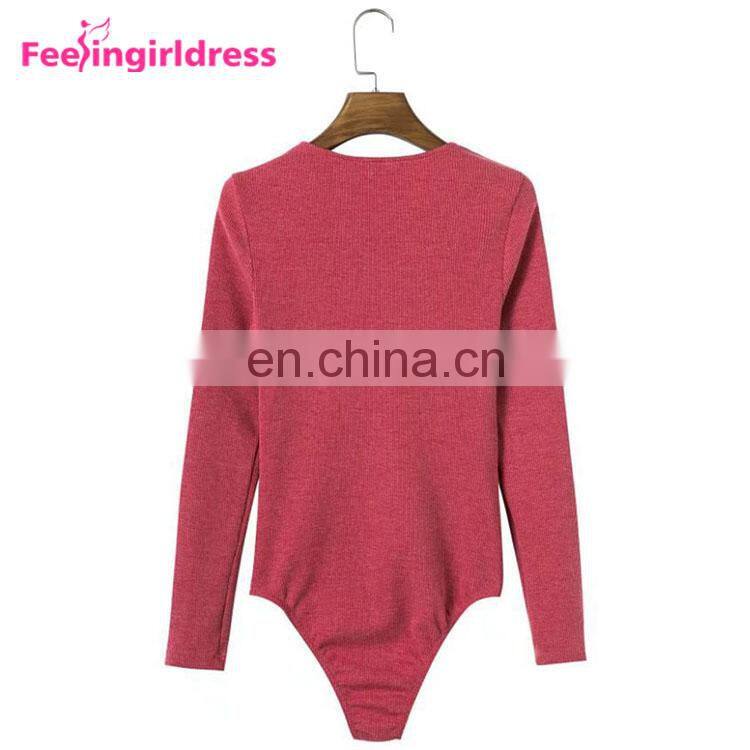 Latest Design Big Stock Dark Red Knitting Bodysuit Long Sleeves Women Sexy Jumpsuits Rompers