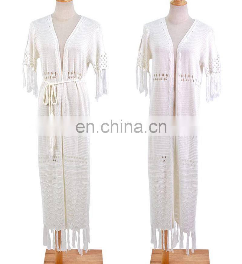 Knit Long Beach Cover up Beach Kaftan Tunics for Beach Swimsuit cover up Robe Plage Tassel Bathing suit Women Crochet cover Up