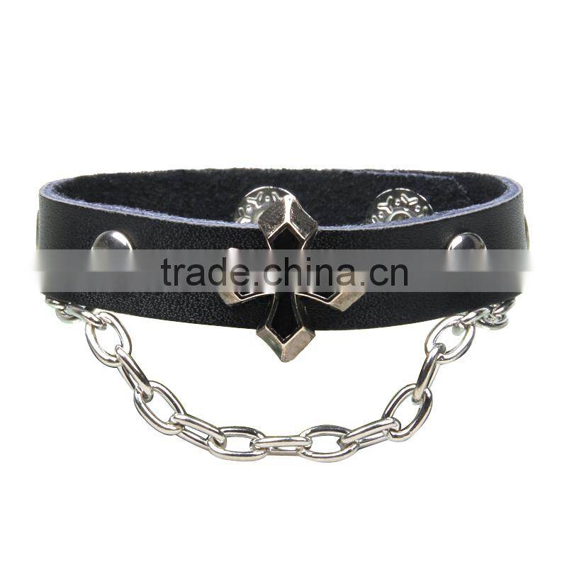 Zinc Alloy Silver Cross Pendant Different Color Leather Bracelet