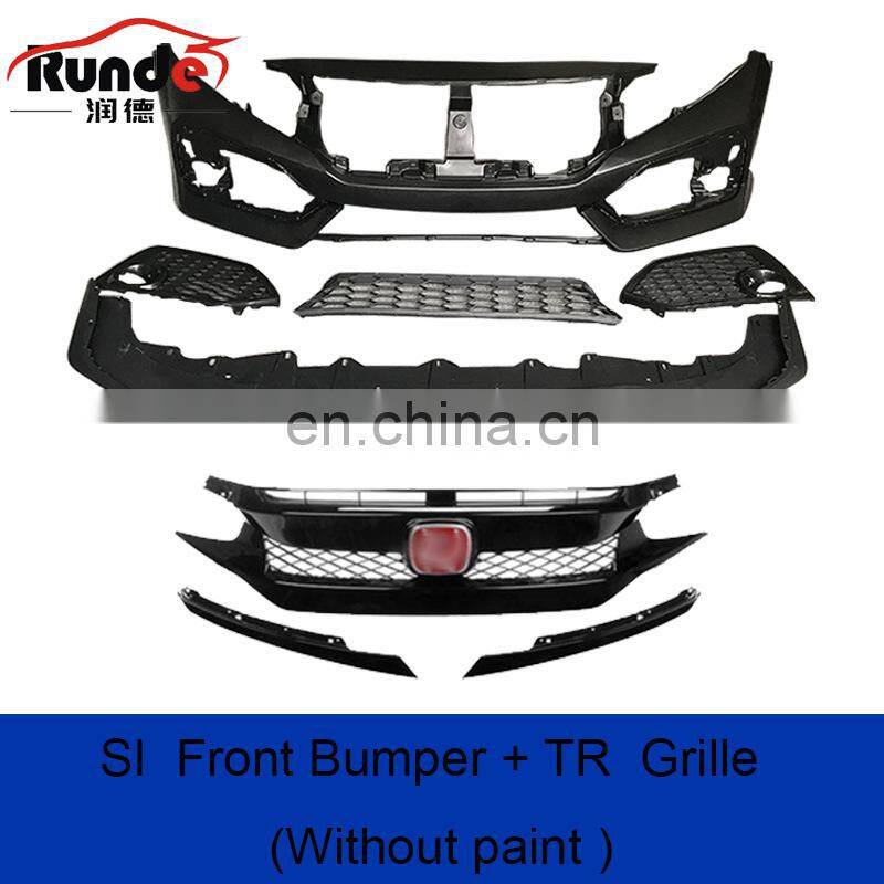 Runde PP Material Body Kit With Front Rear Bumper Grille Side Skirt Spoiler For 2016-2019 Honda Civic 10th Generation Bodykit