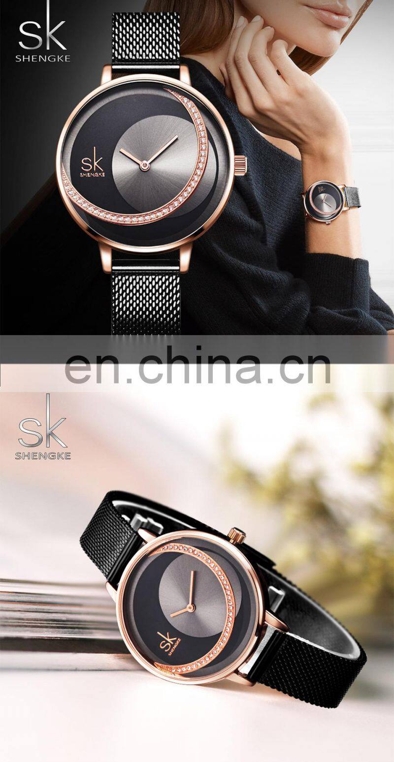 SHENGKE Dazzling Dial Alloy Watches Woman Black Mesh Belt Alloy Waterproof Ladies Wholesale Watches K0088L Reloj Para Mujer