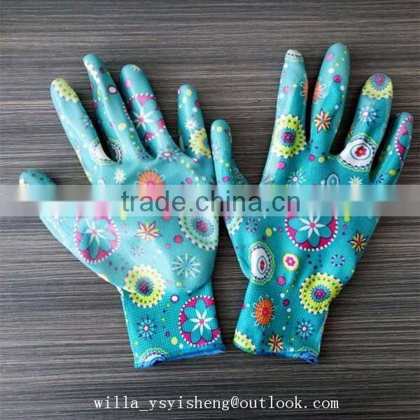 Flower printed nitrile coated polyester arthritis gloves