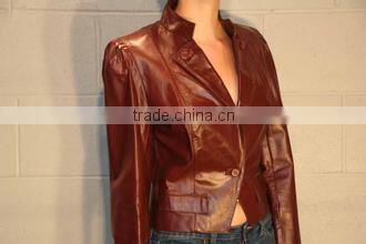 Woman Cropped Padded Shoulder Wholesale latest sexy fashion design Dark brown pu motorcycle woman leather jacket