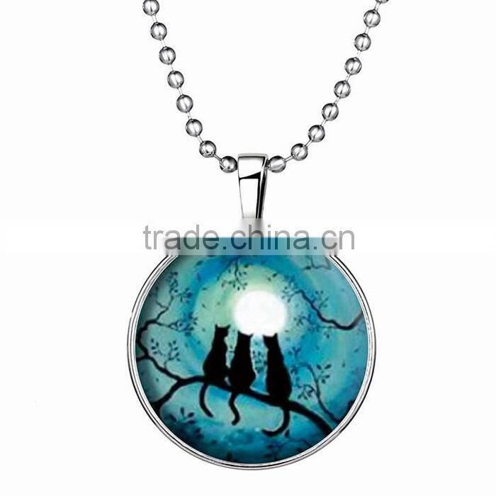 Round crystal pendant black cat and branch charm Light in the Dark Necklace