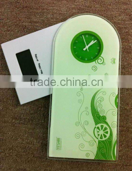 Tempered Glass Novelest Retractable digital /electronic body scale with quartz clock( can be hanged on wall)