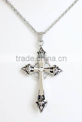 Stainless Steel Pendant: Gothic cross with black inlay, circle at back center and clear gem at center front
