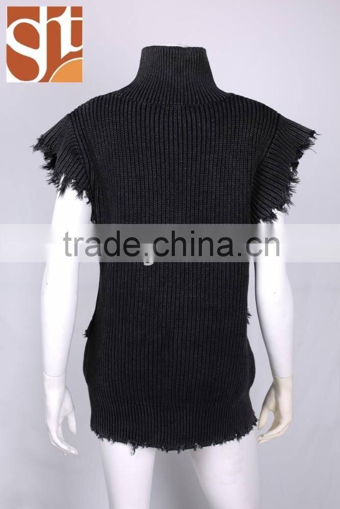 Search products ladies' high collar neck short sleeve pullover knitted sweater with acid wash &broken effect