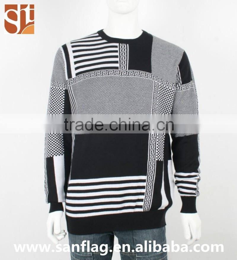 Mens round neck long sleeve pullover100%cotton knitted sweater, pattern jacquard sweater design for men