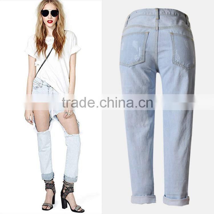 2016 Summer Women Fashion Front Cut Ankle Length Denim Jean Ladies Sexy Big Holes Fringe Straight High Waist Ripped Vogue Jeans