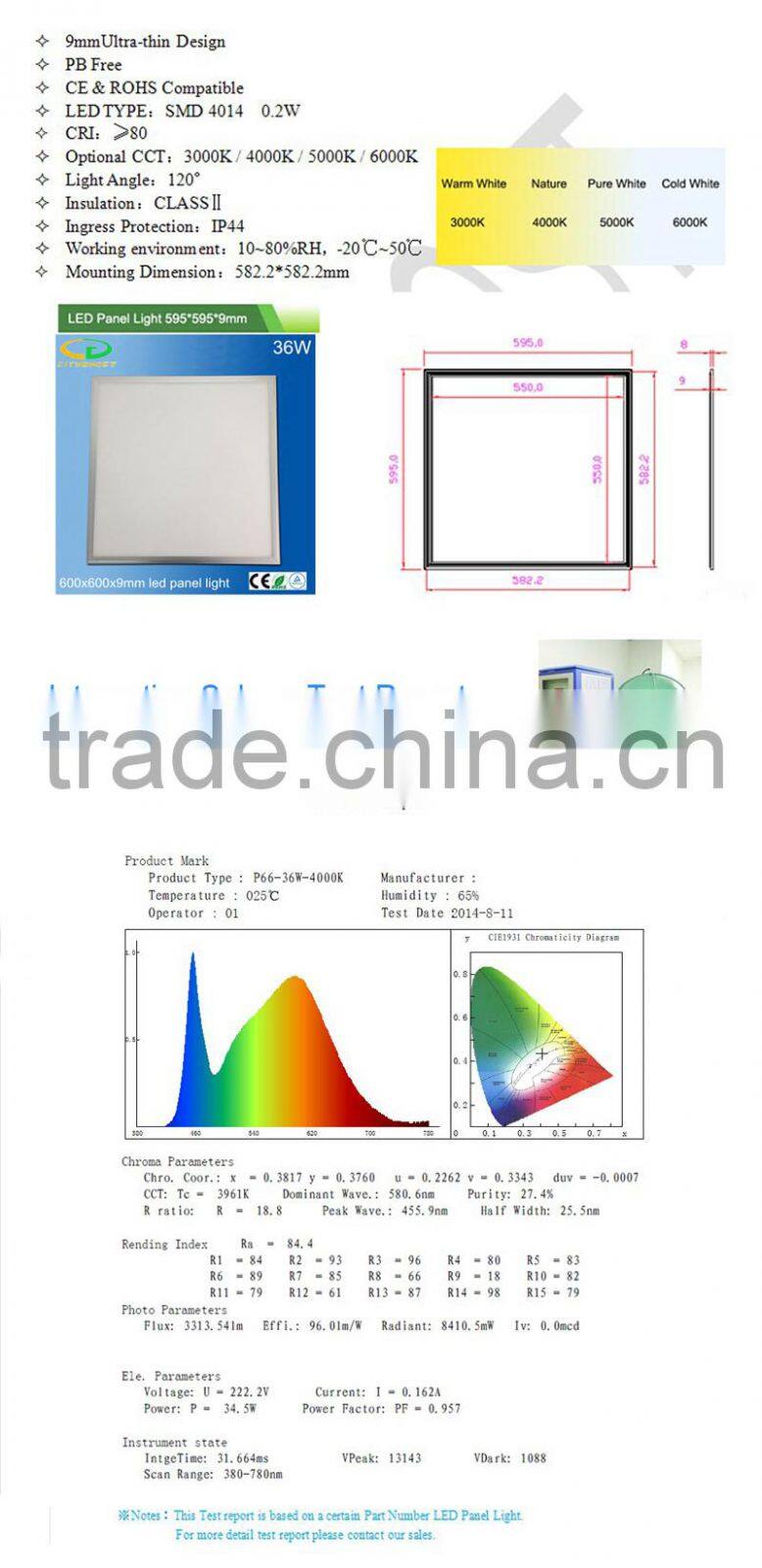 IP44 Ceiling Lighting Lamp 200-240V AC Input Factory Price 3 Years' Warranty 90LM/W LED Panel Light 60*60 36W
