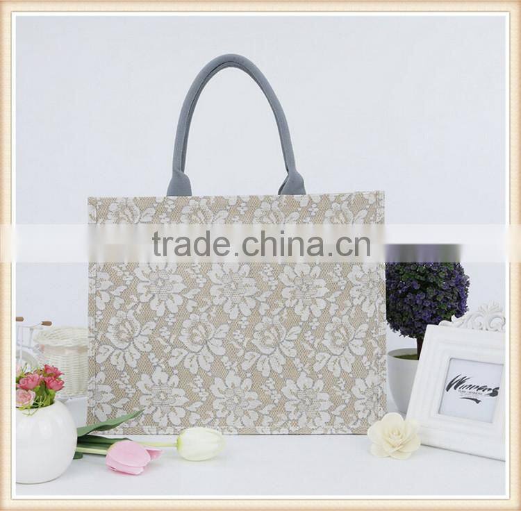 2015 fashion jute shopping bag with lace cover