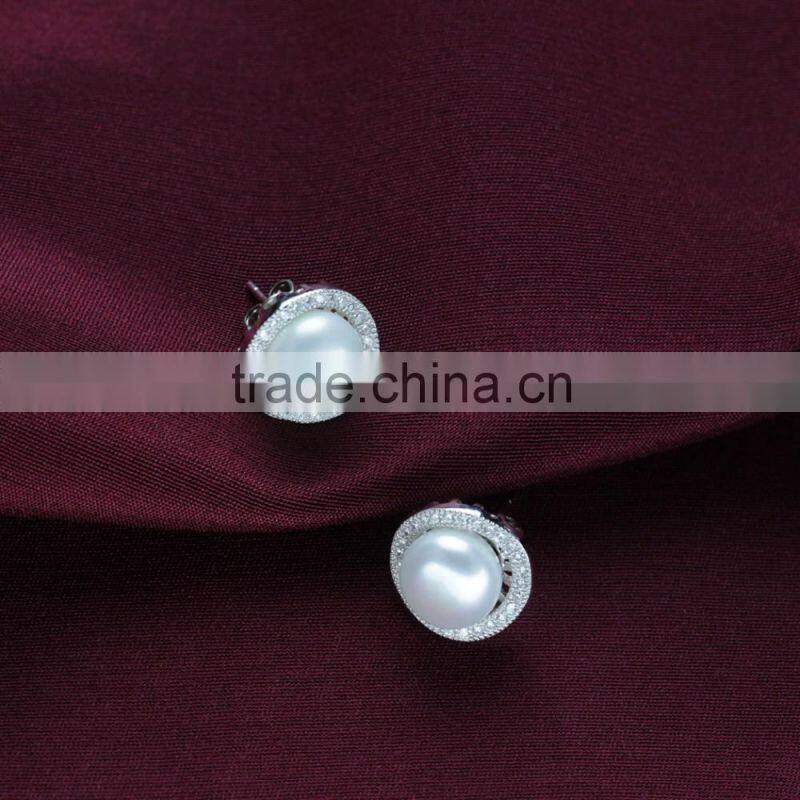 shinning new design zircon 925 sterling silver natural pearl wedding jewelry bridal set