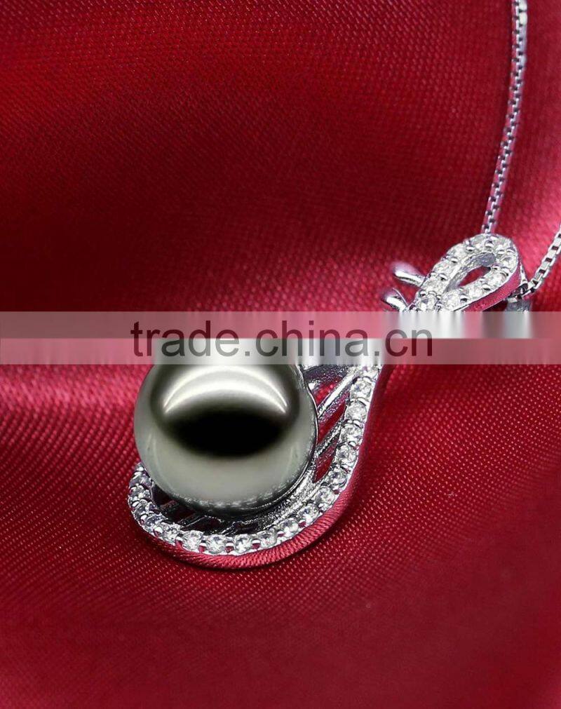 Beautiful Chinese Lute shape Tahiti AAAA Top Qualtity Round Black 10-11mm 925 silver Sea Pearl Pendant