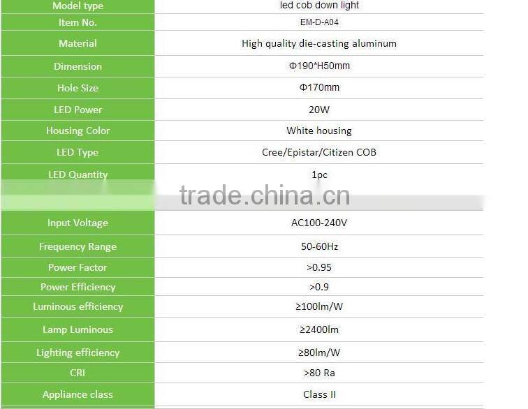 2016 hot selling LED ceiling light 5/10/15/20W LED down light COB , with die cast aluminum