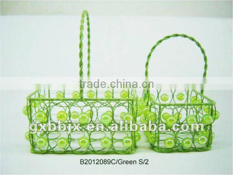Set of Two Green Rectangle Iron/Plastic bead promotional gift basket for holiday gift item sales