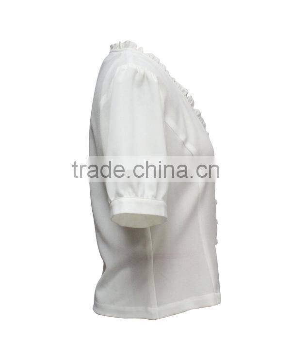 V-neck Short Sleeve Plain white choli blouse designs with frilled collar