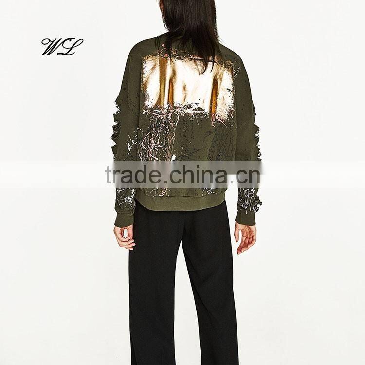 2017 Custom Distress Metallic Printed Lady Pullover Crewneck Plain Knit Fabric Sweatshirts