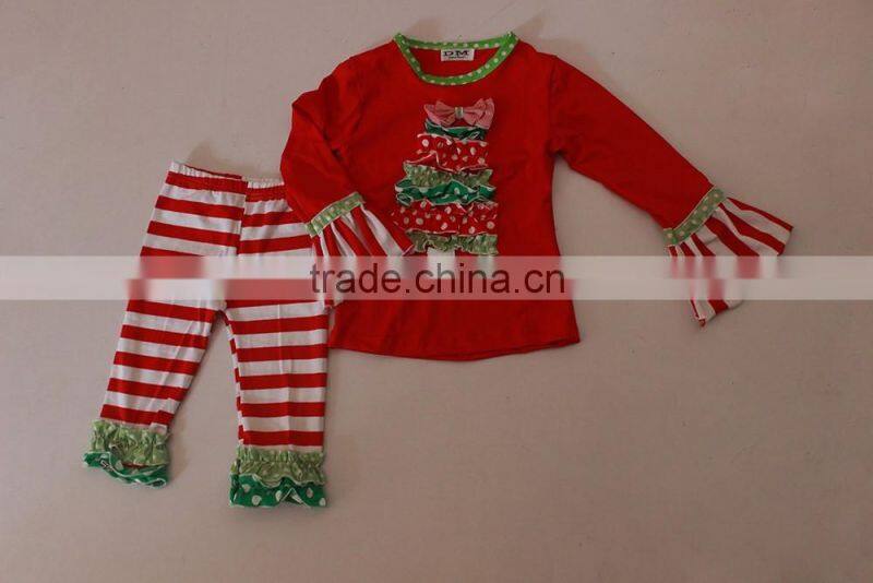 Wholesale baby sweet christmas tree pattern bounique ruffle kid's outfit set for baby