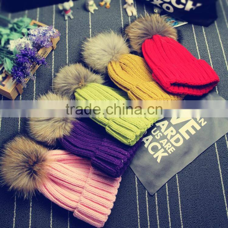 13 Colors Large 15cm Women Ball Hat Winter Real Raccoon Fur Pom Pom Knitted Beanie Skull Ski Cap Bobble Hat Pom Attached Hasp