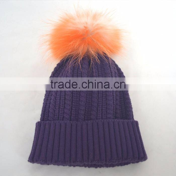 Myfur Popular New Cable Woolen Knitted Hat with Raccoon Pom Pom Top