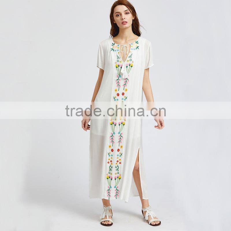 White short sleeve maxi Dress, women emboriedered fashion mesh dress
