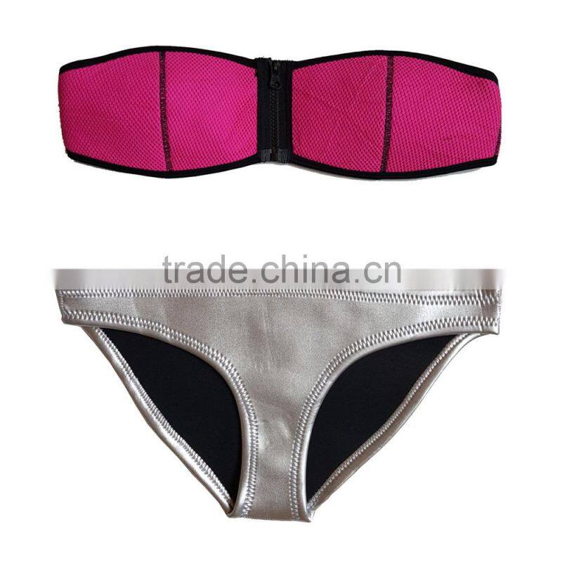 pink zipper neoprene fancy swimwear bikini/ yellow qiao black blue contrast neoprene bikini swimwear