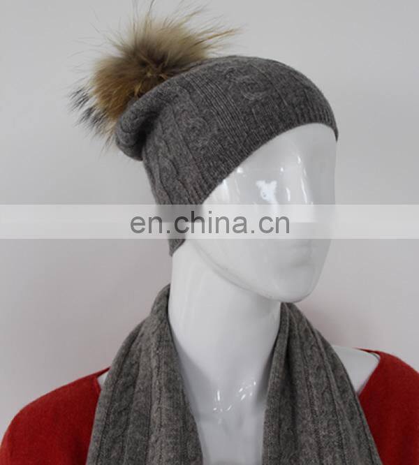 navy color plain cashmere beanie hat & scarf with raccoon fur pom pom