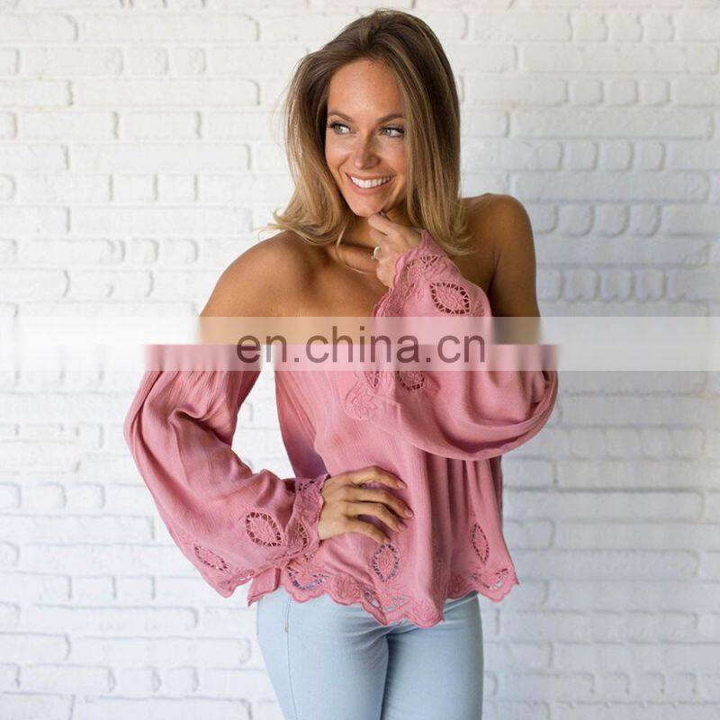 Off Shoulder Elegant Scallop Crochet Blouse with Long Sleeve