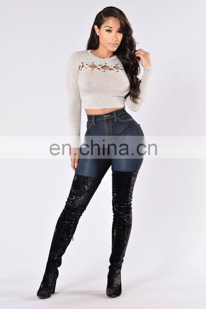 2017 hot selling sexy hollow out bind t shirt tight short t shirt long slevee t shirt for women