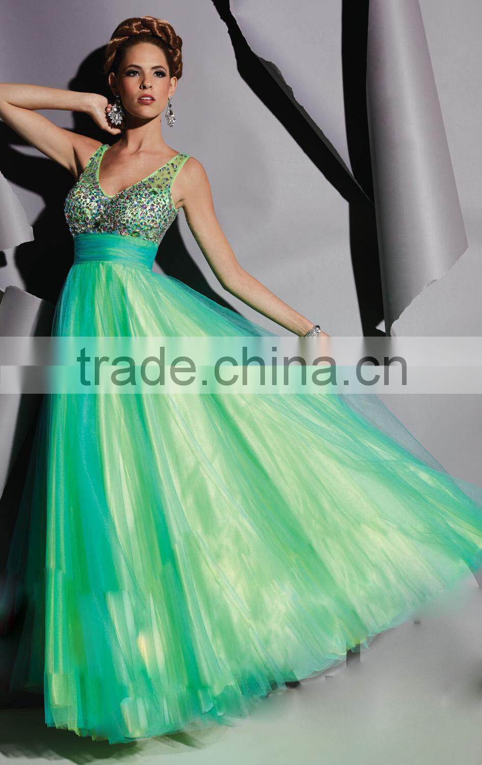 Hot Sale Elegant and Beautiful Organza Prom Dress with Colorful Beading and Tank High Quality V-Neck A-Line Prom Dress
