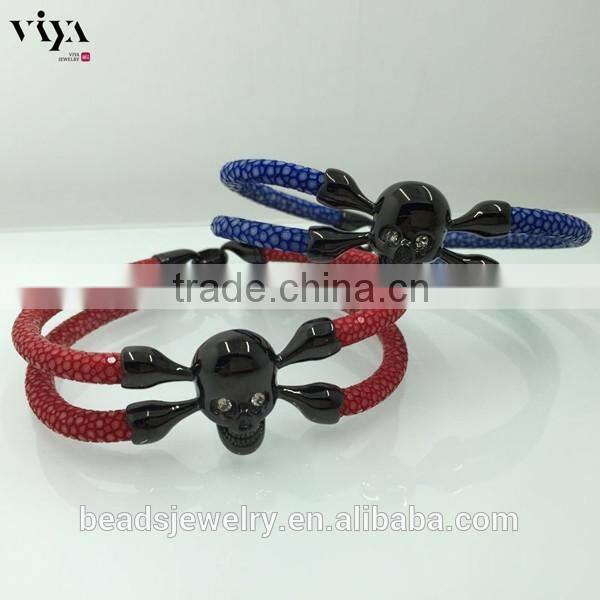 2016 New Coming Stingray/ Python Leather Genuine Leather Bracelet With Skull Clasp Made In China