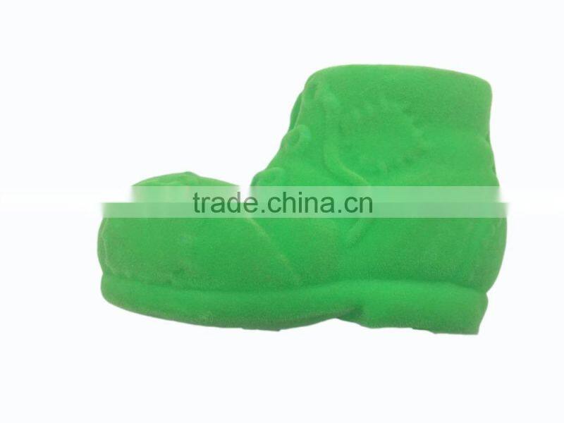 cheap shoe shaped flocking vinyl pet dog squeaky chew toy