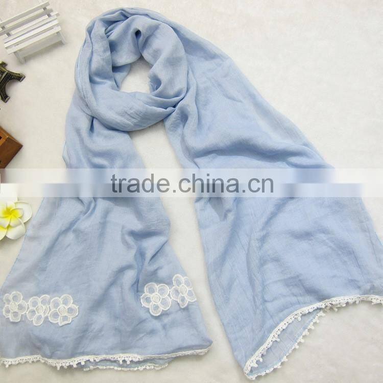 Wholesale Plain Cotton Linen Flower Embroidery Designs Ladies Scarves