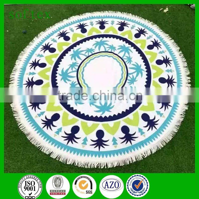 150cm diameter 500g microfiber Reactive printed large round beach towel with tassel