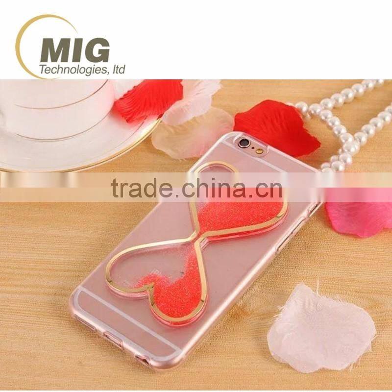 Fasion Designed 3D Heart-Shaped quikcksand cell phone case, transparent Soft TPU cover for iphone 6/6s