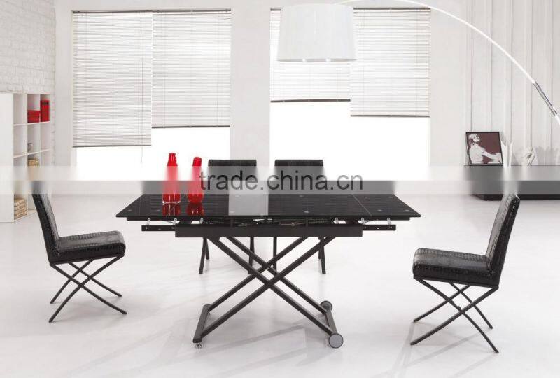 L808H Glass Table - Extendable Size And Height, Glass Metal Dining Coffee Table