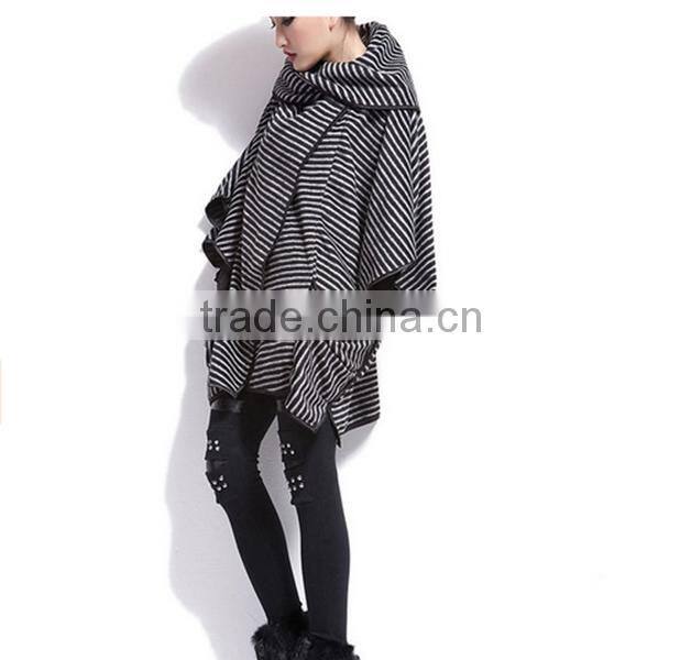 Women's fashion stripe Bat Poncho Cape Jacket sweater casual Warm Cloak Coat Knitwear
