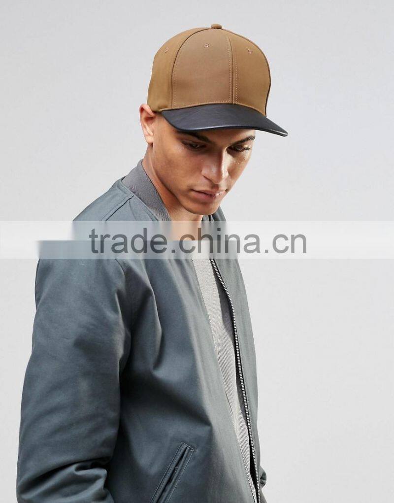 Daijun New Design OEM Hot Sale 100%Cotton Plastic Buckle Faux-leather Flat Visor Khaki Plain Men Custom Waterproof Snapback